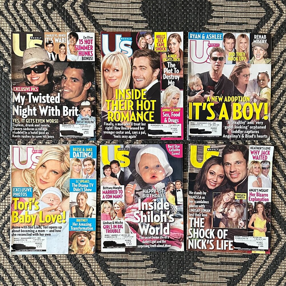 Lot of 6 US Weekly Magazines Y2K Vintage 2007 Celeb Gossip Britney, Reese, Brad